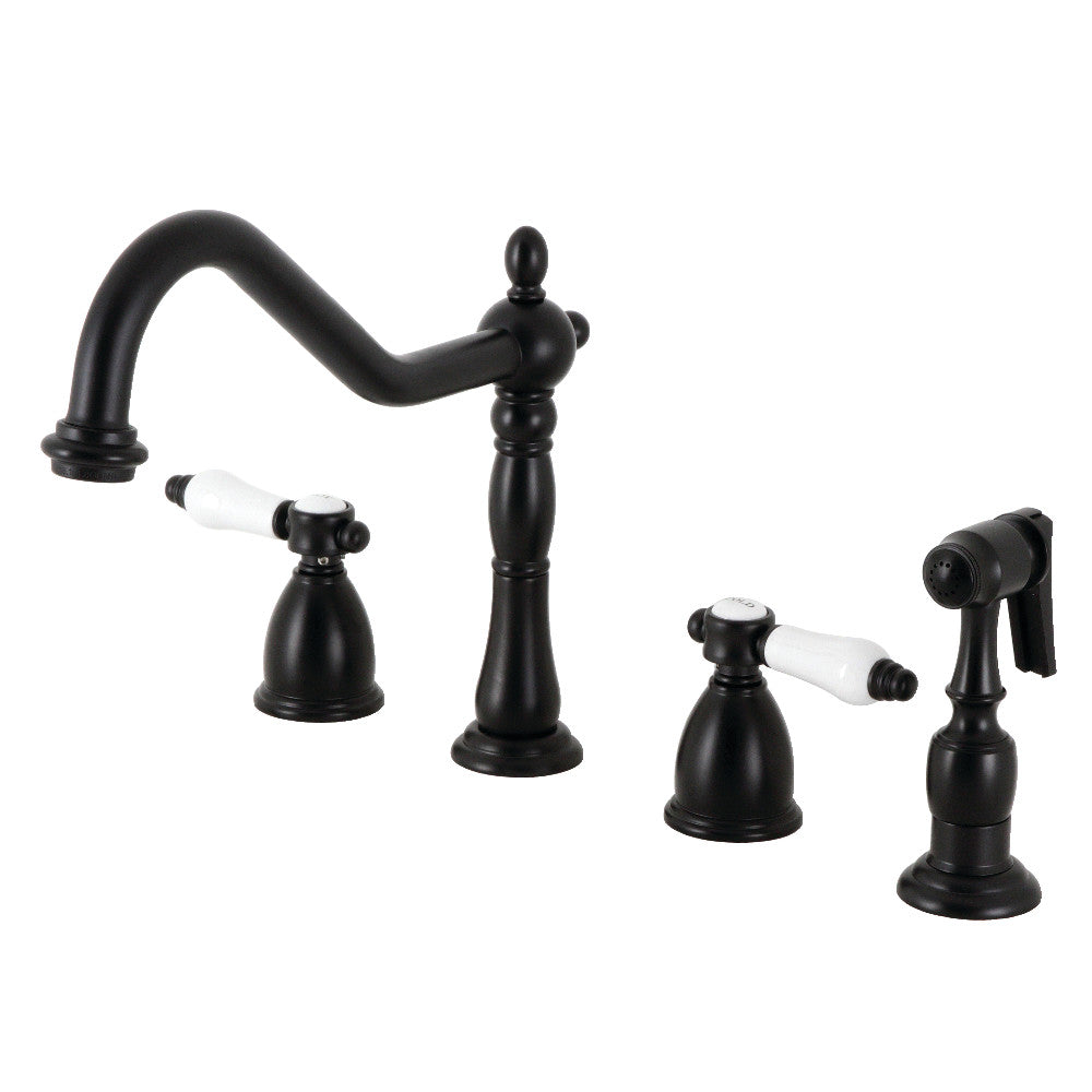 Kingston Brass KB1793BPLBS Bel-Air Double-Handle Widespread Kitchen Faucet with Brass Sprayer, Antique Brass in Matte Black finish.