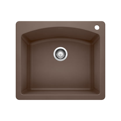BLANCO Diamond SILGRANIT 25" Single Bowl Dual Mount Kitchen Sink in brown finish with drain in center.