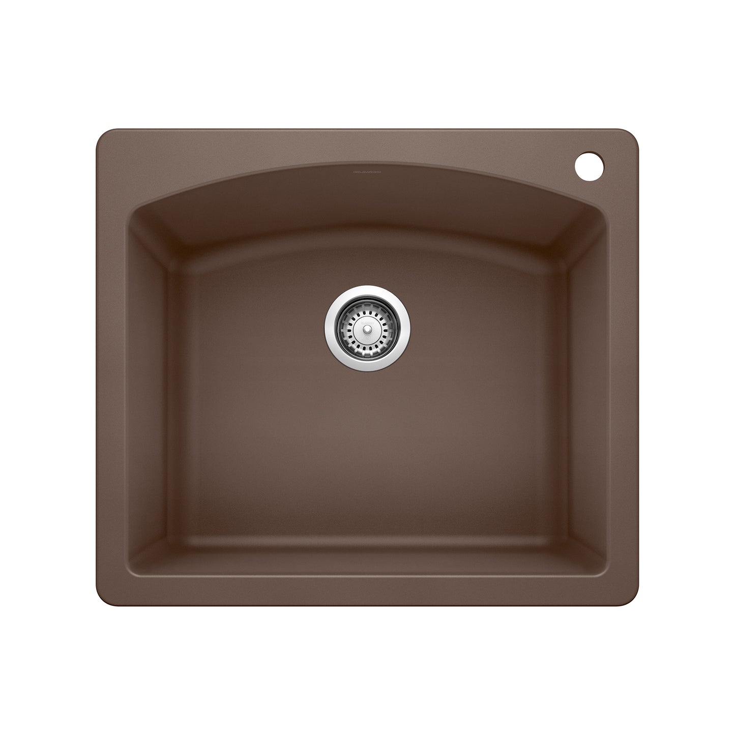 BLANCO Diamond SILGRANIT 25" Single Bowl Dual Mount Kitchen Sink in brown finish with drain in center.