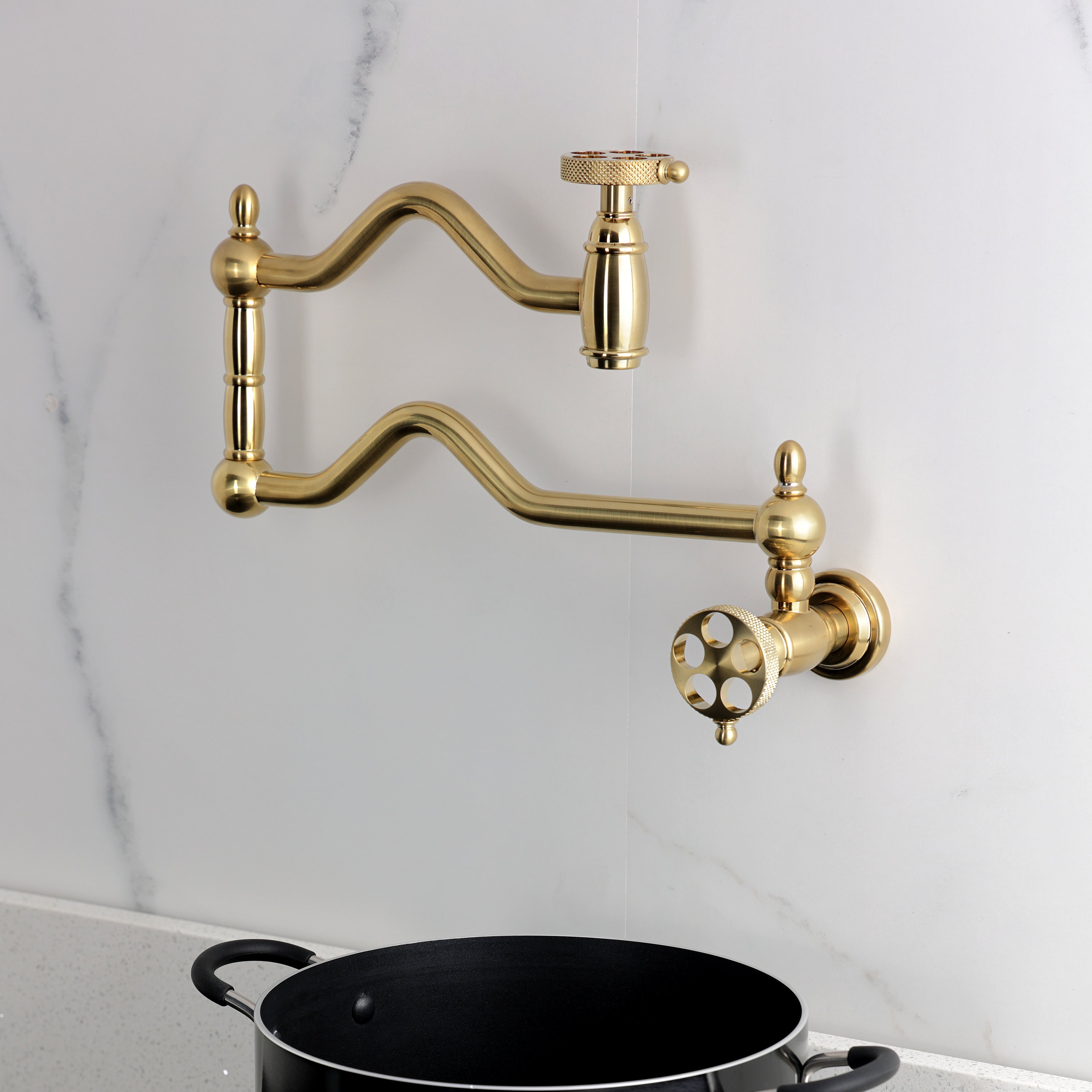 Kingston Brass KS2107RKX Webb Wall Mount Pot Filler Faucet with Knurled Handle, Brushed Brass