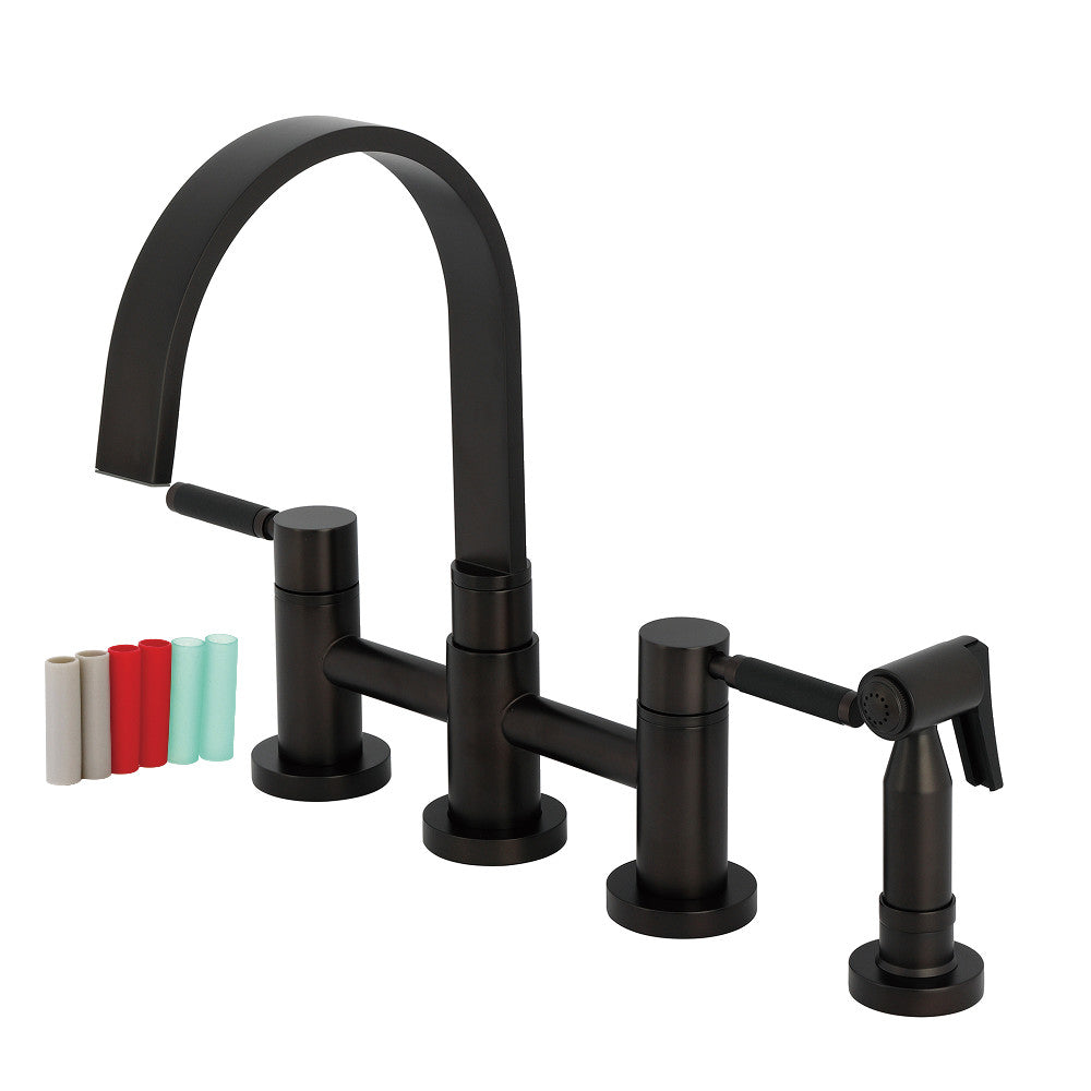 Kingston KS8267DKLBS Kaiser Bridge Kitchen Faucet with Brass Sprayer, Brushed Brass in Oil Rubbed Bronze finish