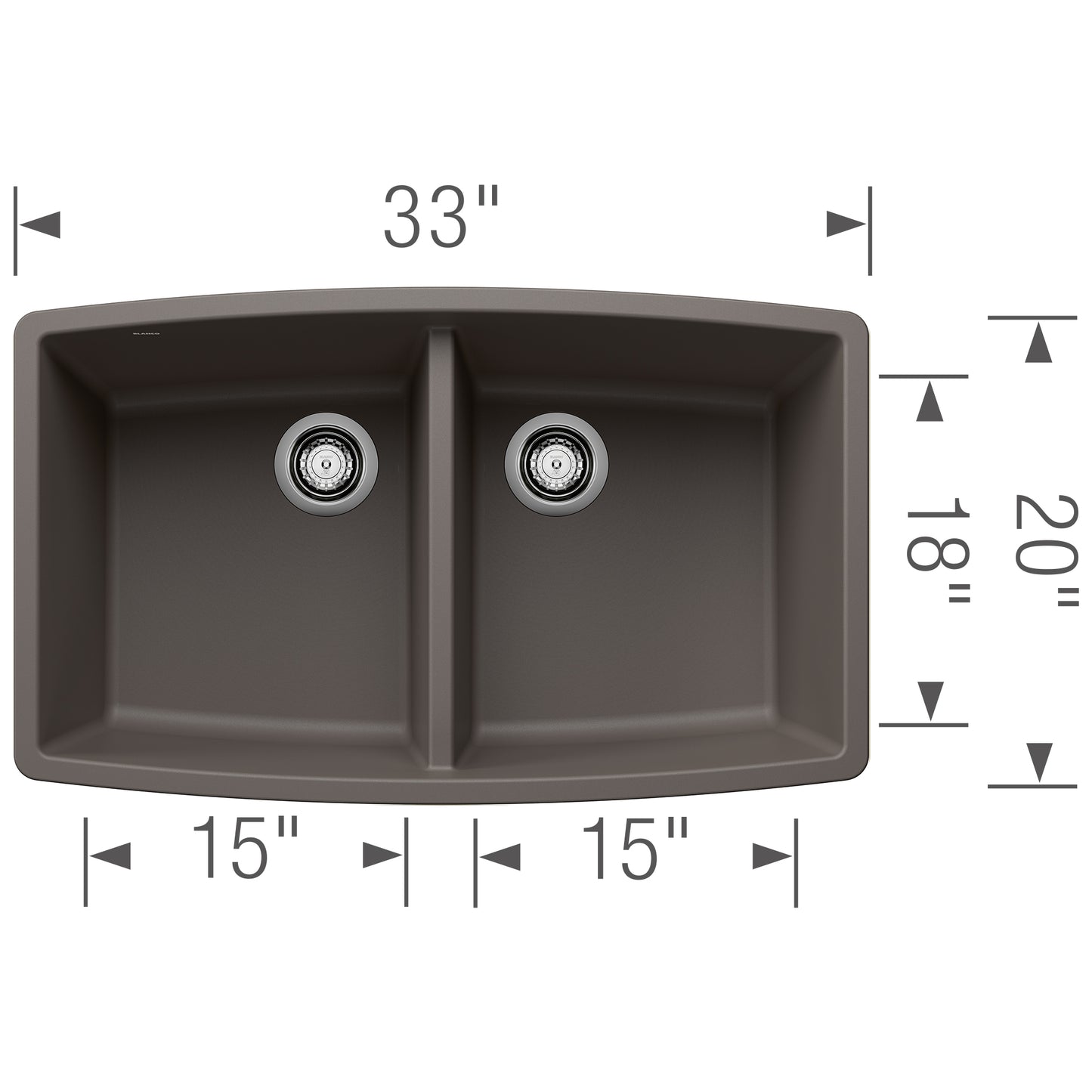BLANCO Performa SILGRANIT 33" 50/50 Double Bowl Undermount Kitchen Sink dimensions and design layout.