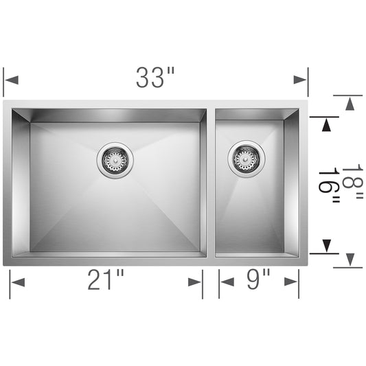 BLANCO Precision R0 33" 70/30 Double Bowl Undermount Stainless Steel Kitchen Sink dimensions and design.