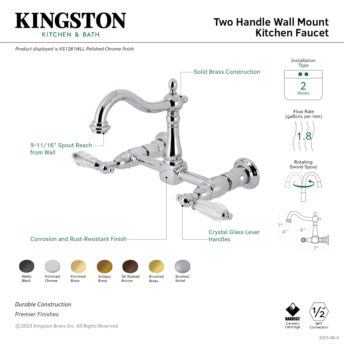Kingston KS1263WLL Willshire Two-Handle Wall Mount Bridge Kitchen Faucet, Antique Brass with solid brass construction