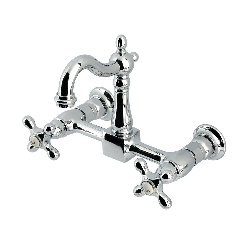 Kingston KS2443AX Heritage Two-Handle Wall Mount Bridge Kitchen Faucet, Antique Brass with polished chrome finish.