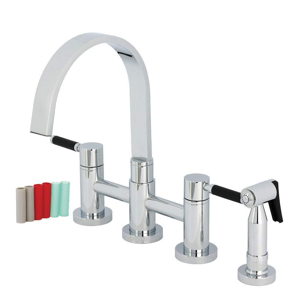Kingston KS8267DKLBS Kaiser Bridge Kitchen Faucet with Brass Sprayer, Brushed Brass and Neoprene handles