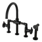 Kingston KS2334CG Fuller Industrial Style Bridge Kitchen Faucet with Brass Sprayer, Black Stainless in matte black finish.