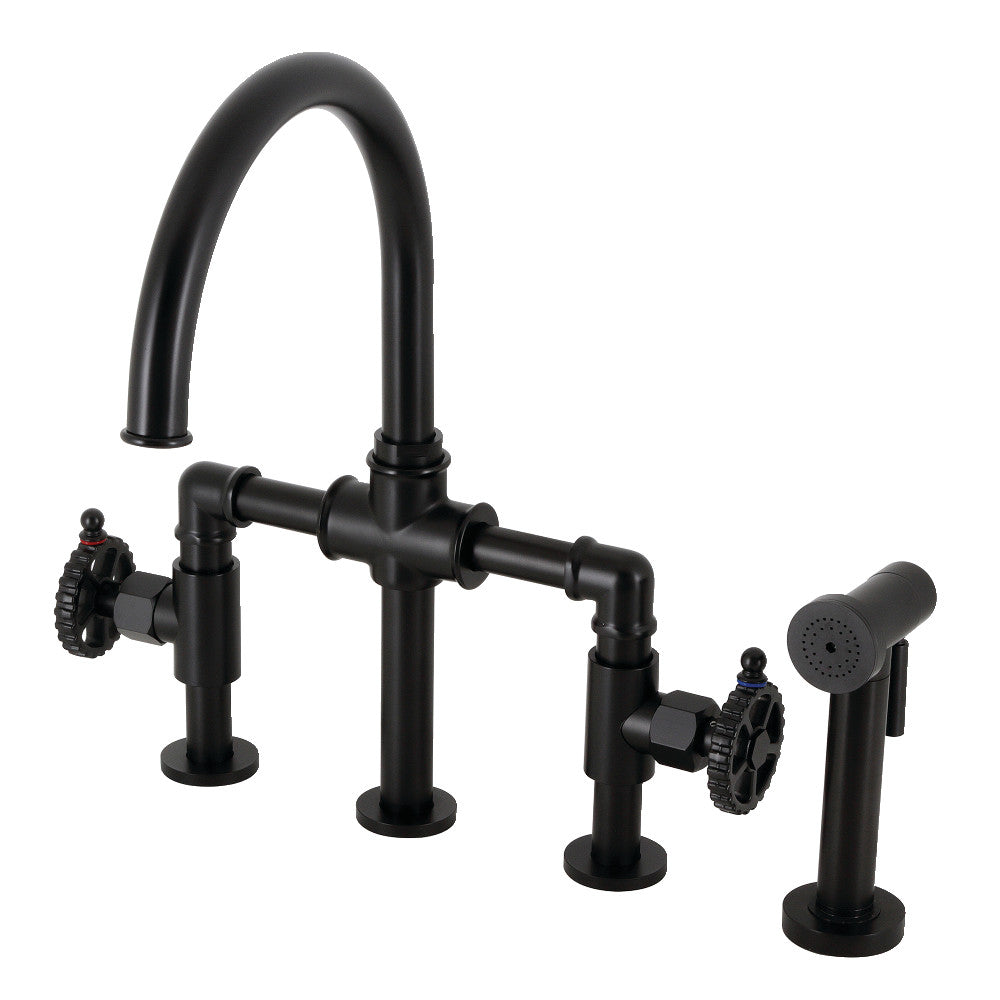 Kingston KS2334CG Fuller Industrial Style Bridge Kitchen Faucet with Brass Sprayer, Black Stainless in matte black finish.