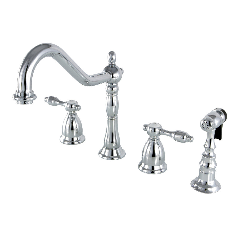 Kingston Brass KS1798TALBS Tudor Double-Handle Widespread Kitchen Faucet with Brass Sprayer, Brushed Nickel.