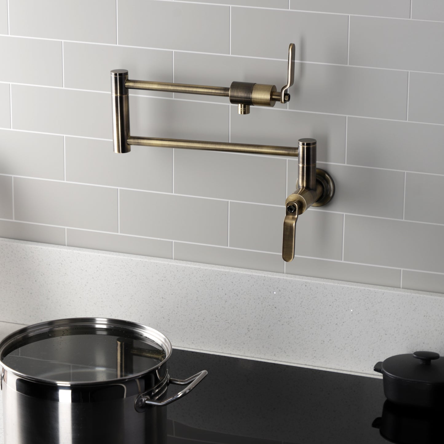 Kingston Brass KS4103KL Whitaker Wall Mount Pot Filler Faucet, Antique Brass with foldable swing arms