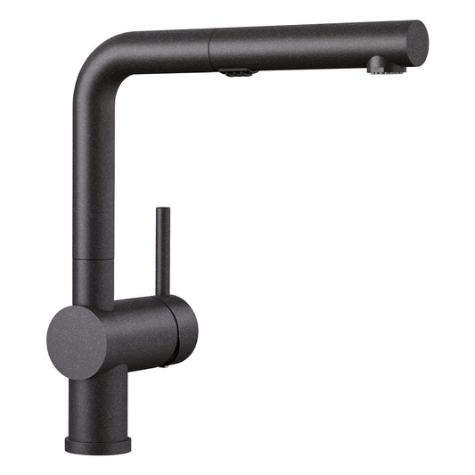 BLANCO Linus Low Arc Pull-Out Dual-Spray Kitchen Faucet - Anthracite with sleek low-profile design for compact spaces.