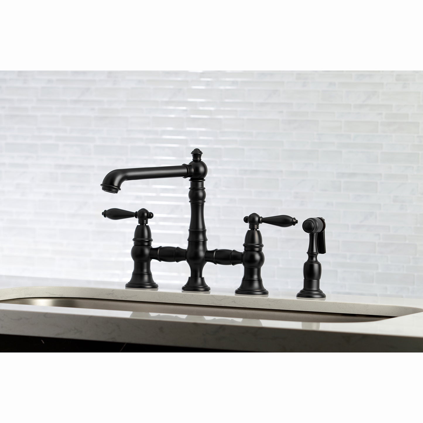 Kingston KS7277ALBS English Country Bridge Kitchen Faucet with Brass Sprayer, Brushed Brass in a modern kitchen setting.