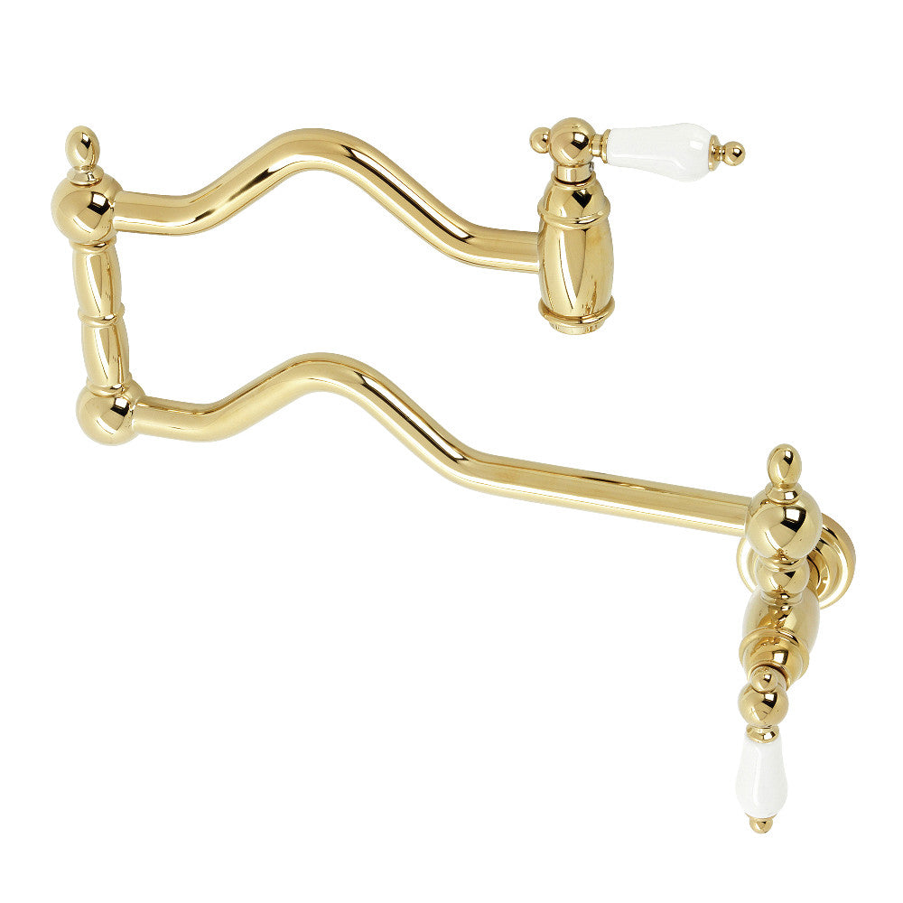 Kingston Brass KS2107PL Heritage Wall Mount Pot Filler Faucet, Brushed Brass with elegant design and swing arms.