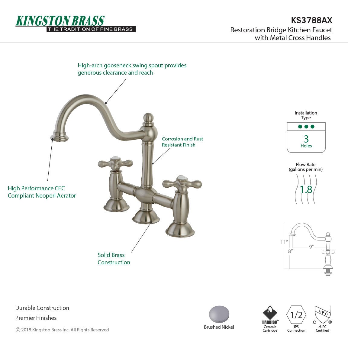 Kingston KS3788AX Restoration Bridge Kitchen Faucet, Brushed Nickel with metal cross handles and high-arch gooseneck spout
