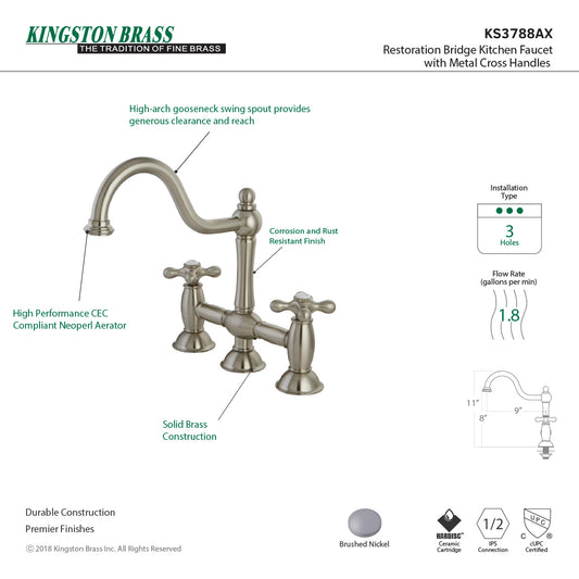 Kingston KS3788AX Restoration Bridge Kitchen Faucet, Brushed Nickel with metal cross handles and high-arch gooseneck spout