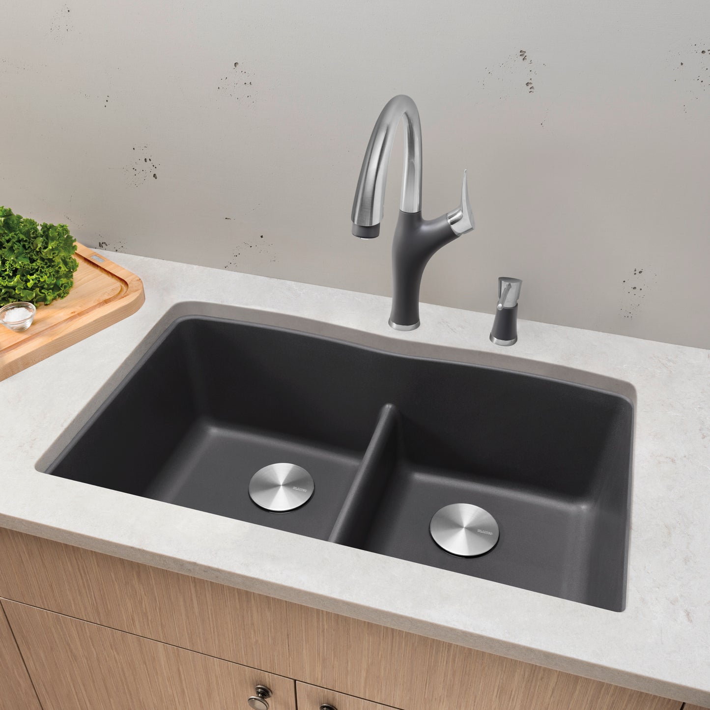 BLANCO Diamond SILGRANIT 32" 50/50 Double Bowl Undermount Kitchen Sink with Low Divide installed in modern kitchen.