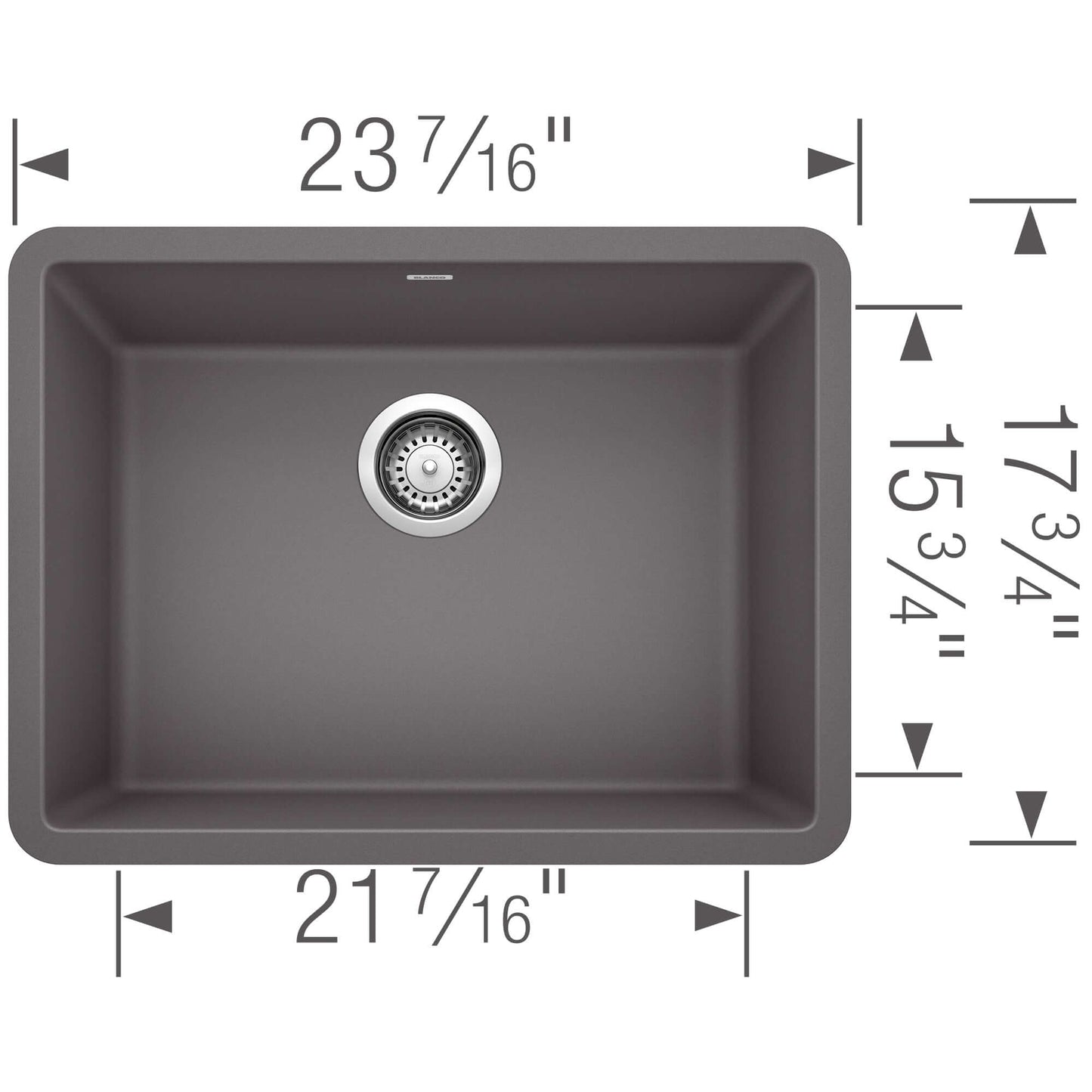 BLANCO PRECIS 24" SILGRANIT Compact Undermount Sink dimensions, showing 23 7/16" x 21 7/16" and depth measurements.