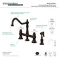 Kingston KS3277PXBS Restoration Bridge Kitchen Faucet with Brass Sprayer, Brushed Brass features high-arch gooseneck spout.