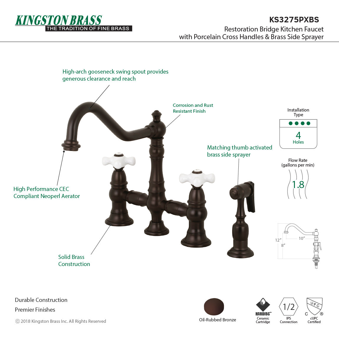 Kingston KS3277PXBS Restoration Bridge Kitchen Faucet with Brass Sprayer, Brushed Brass features high-arch gooseneck spout.