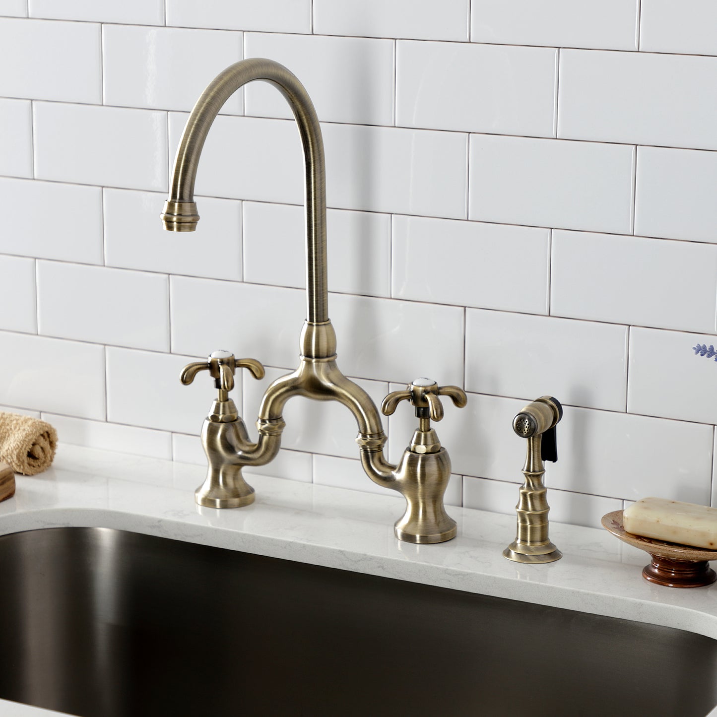 Kingston KS7793TXBS French Country Bridge Kitchen Faucet with Brass Sprayer, Antique Brass.