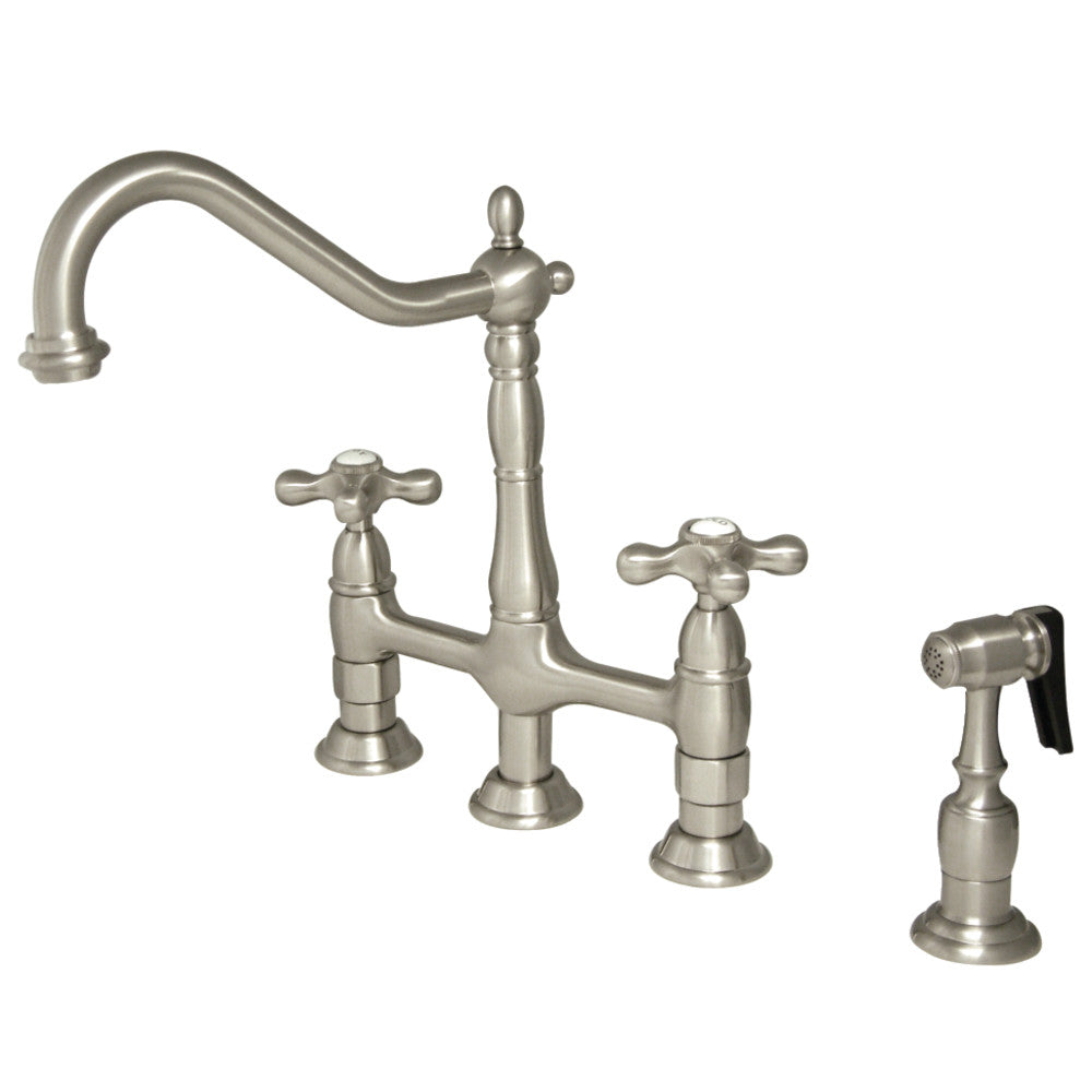 Kingston KS1273AXBS Heritage Bridge Kitchen Faucet with Brass Sprayer, Antique Brass and brushed nickel finishes.
