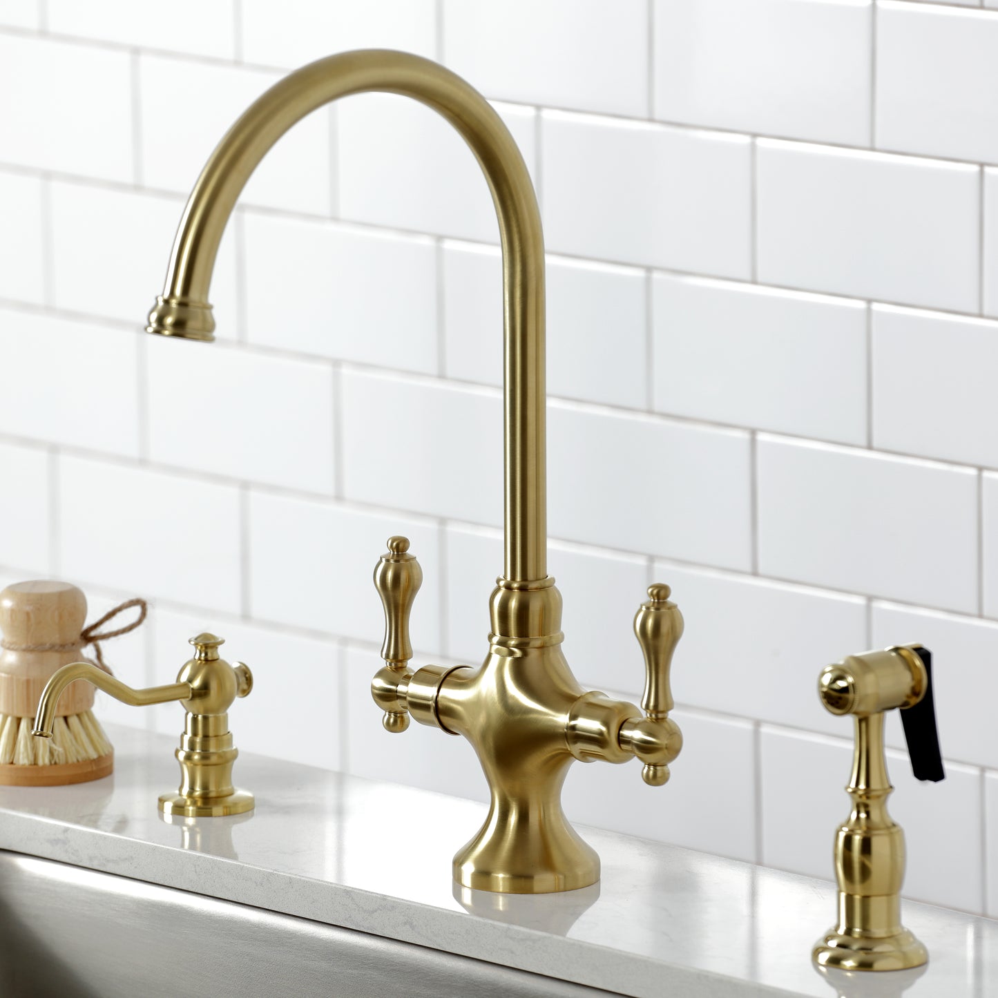 Kingston Brass KS1763ALBS Vintage Two-Handle Single-Hole Kitchen Faucet with Brass Sprayer, Antique Brass