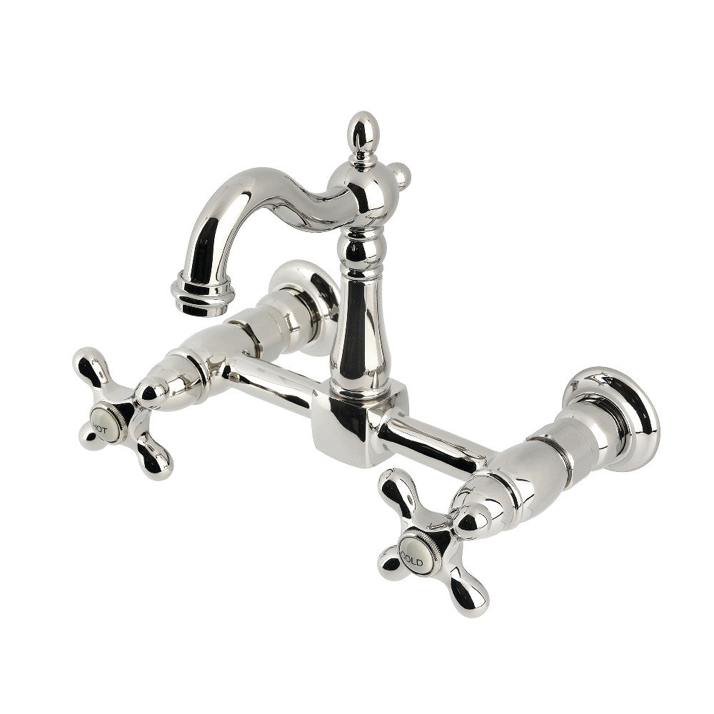 Kingston KS2443AX Heritage Two-Handle Wall Mount Bridge Kitchen Faucet, Antique Brass in polished nickel finish