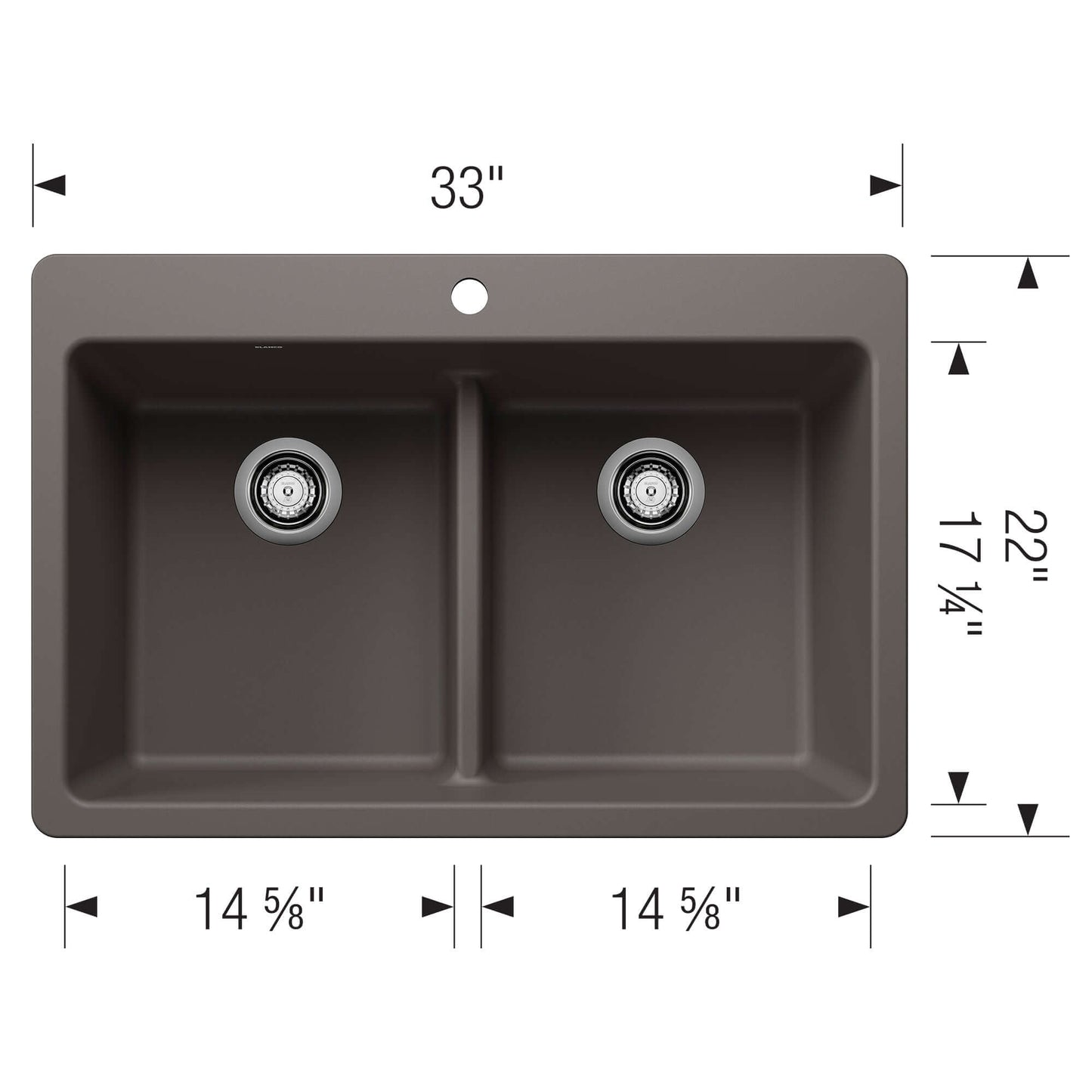 BLANCO Liven SILGRANIT 33" 50/50 Double Bowl Dual Mount Kitchen Sink with Low Divide top view layout and dimensions.