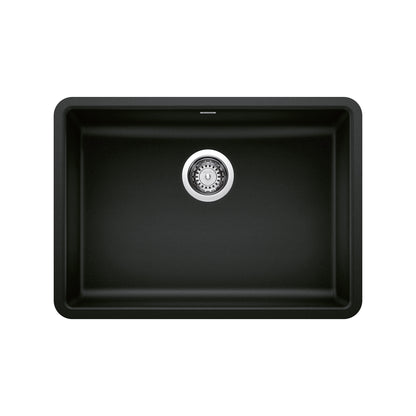 BLANCO Precis SILGRANIT 25" ADA Single Bowl Undermount Kitchen Sink in black with sleek design and central drain.