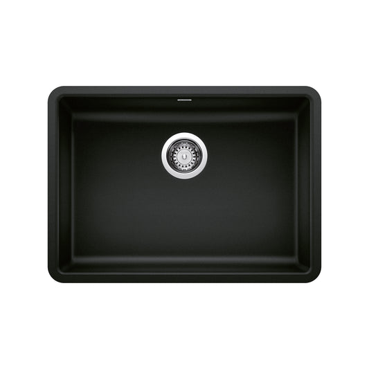 BLANCO Precis SILGRANIT 25" ADA Single Bowl Undermount Kitchen Sink in black with sleek design and central drain.