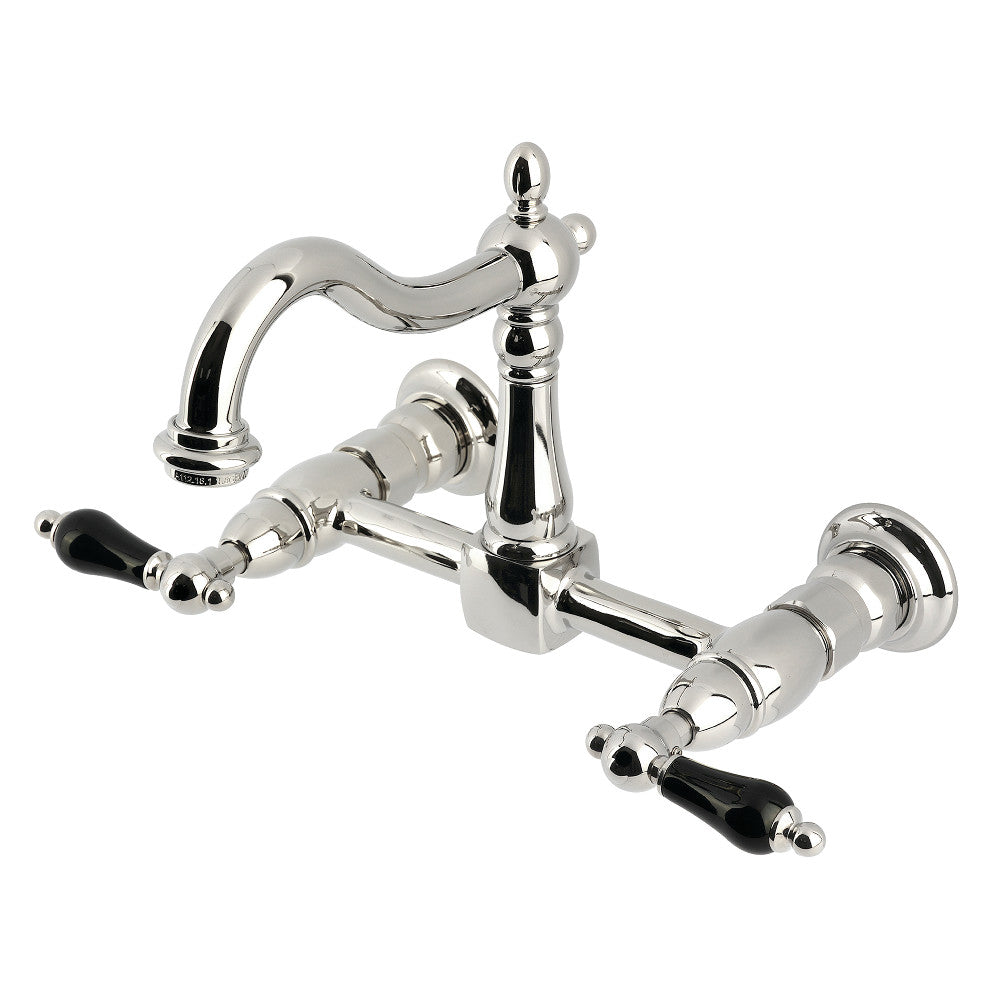 Kingston KS1263PKL Duchess Two-Handle Wall Mount Bridge Kitchen Faucet, Antique Brass with black porcelain handles