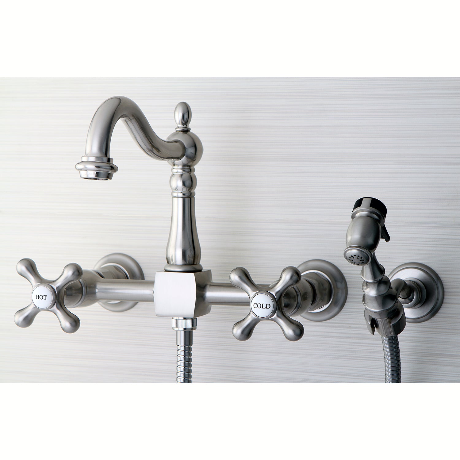 Kingston KS1263AXBS Heritage Two-Handle Wall Mount Bridge Kitchen Faucet with Brass Sprayer, Antique Brass