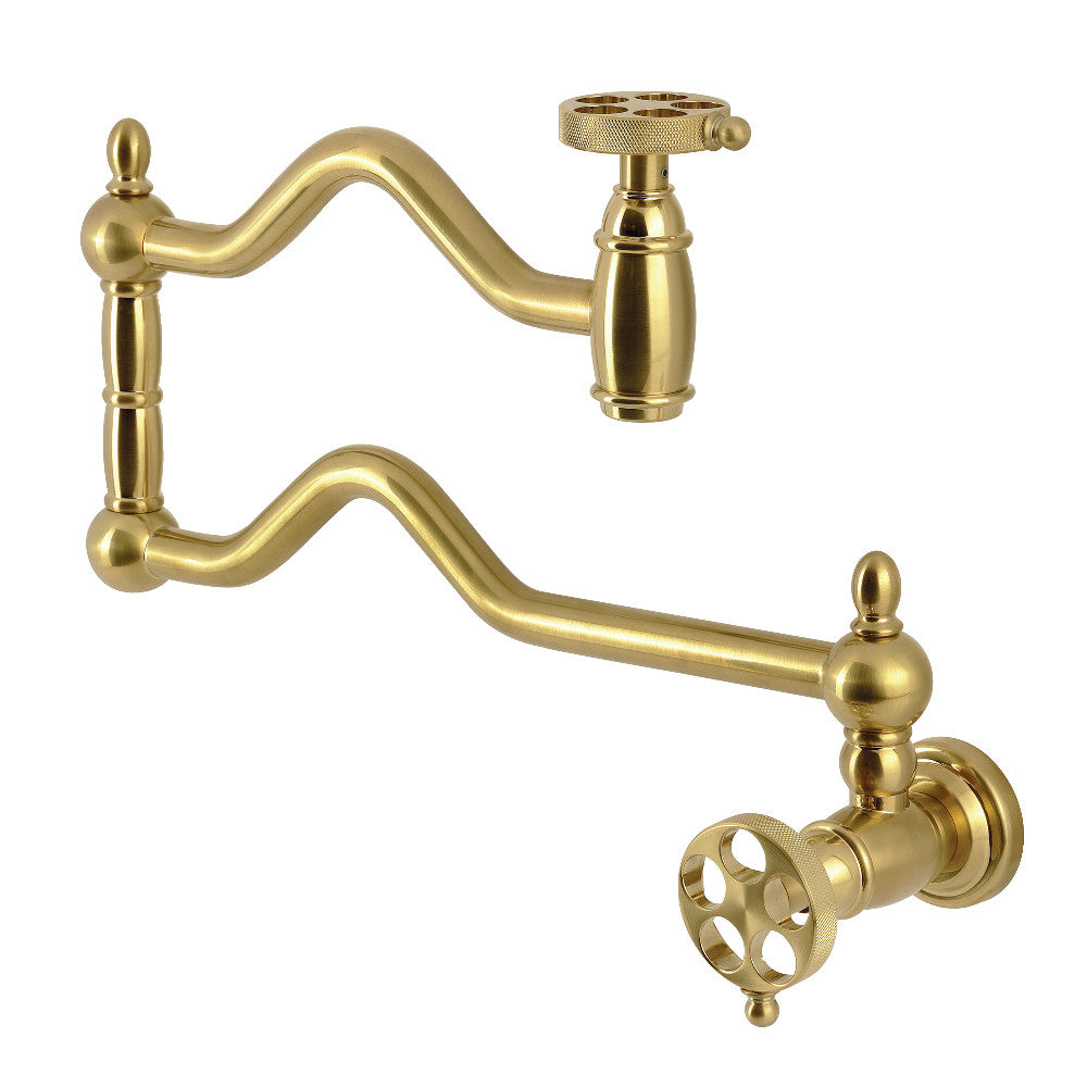 Kingston Brass KS2107RKZ Wendell Wall Mount Pot Filler Faucet with Knurled Handle, Brushed Brass