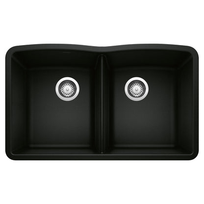 BLANCO Diamond SILGRANIT 32" 50/50 Double Bowl Undermount Kitchen Sink, black, seamless design, modern kitchen.