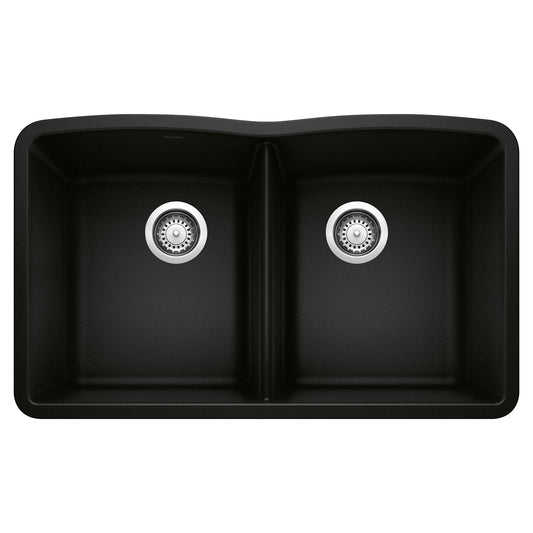 BLANCO Diamond SILGRANIT 32" 50/50 Double Bowl Undermount Kitchen Sink, black, seamless design, modern kitchen.