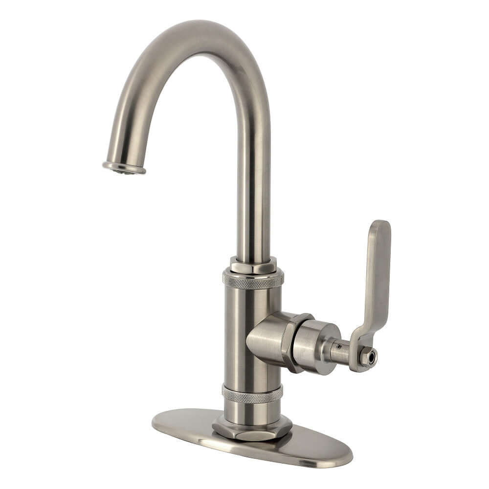 Kingston Brass KSD8503KL Whitaker Single-Handle Bar Faucet, Antique Brass with sleek design and brushed nickel finish.