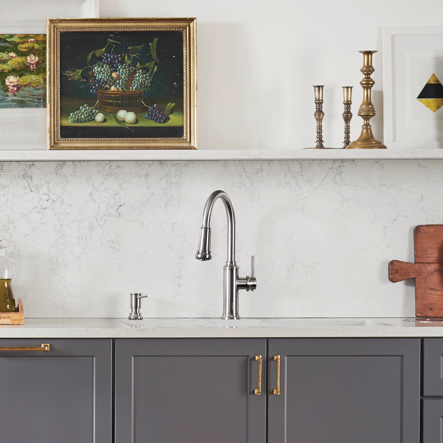 BLANCO Empressa High Arc Pull-Down Dual-Spray Kitchen Faucet displayed in a modern kitchen with elegant decor.