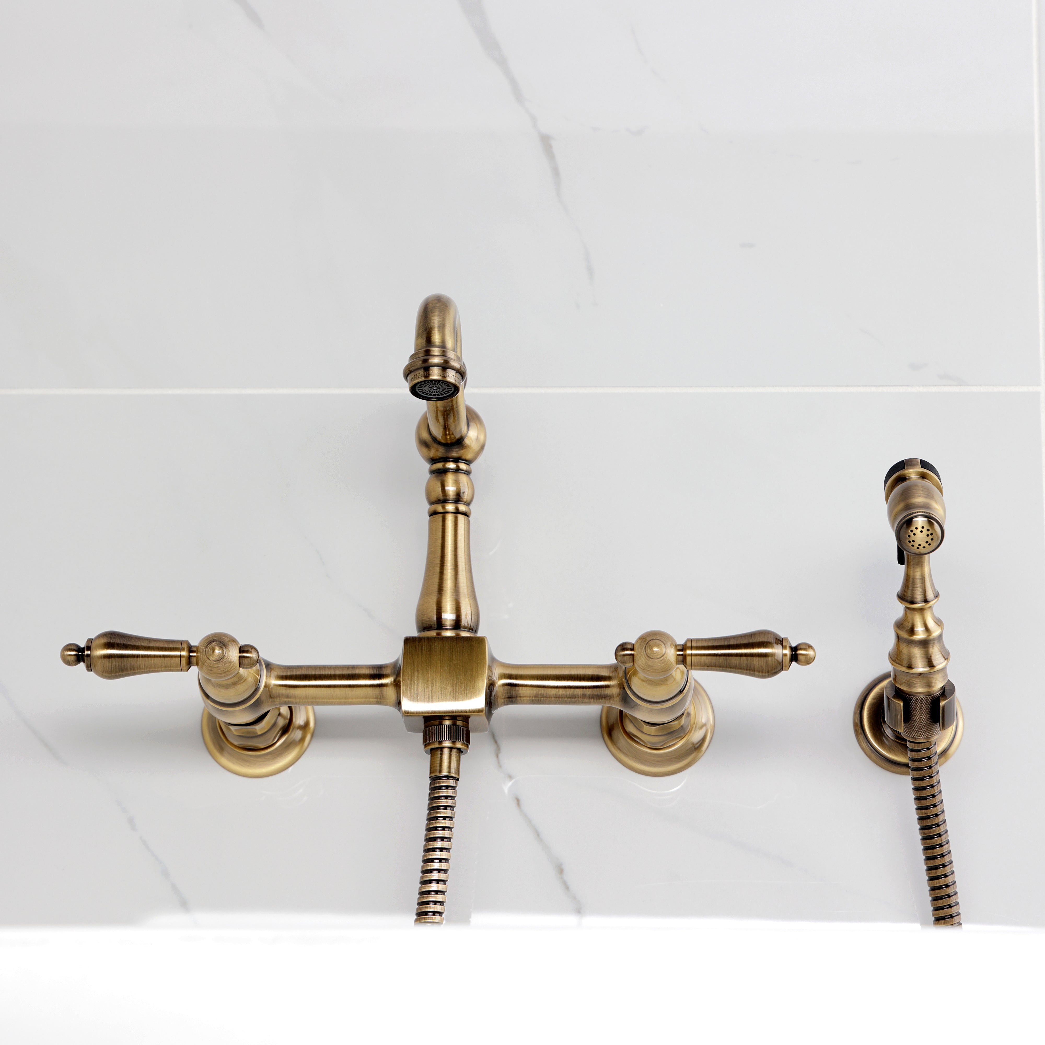 Kingston KS2443ALBS Heritage Two-Handle Wall Mount Bridge Kitchen Faucet with Brass Sprayer, Antique Brass