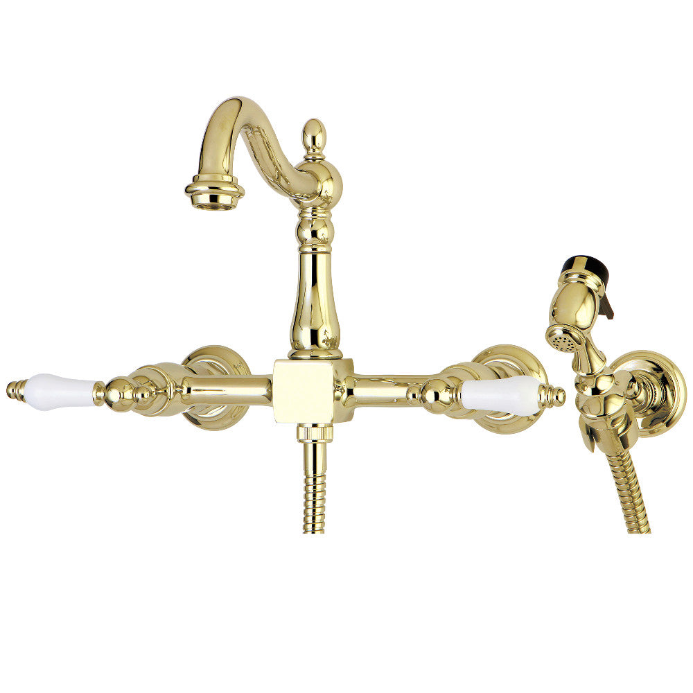 Kingston KS1263PLBS Heritage Two-Handle Wall Mount Bridge Kitchen Faucet with Brass Sprayer, Antique Brass