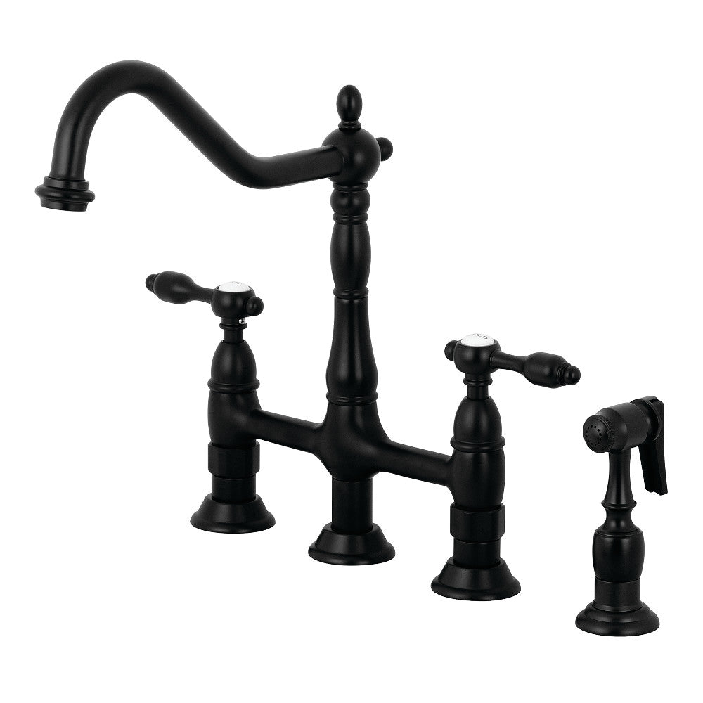 Kingston KS1273TALBS Tudor Bridge Kitchen Faucet with Brass Sprayer, Antique Brass in Matte Black finish.