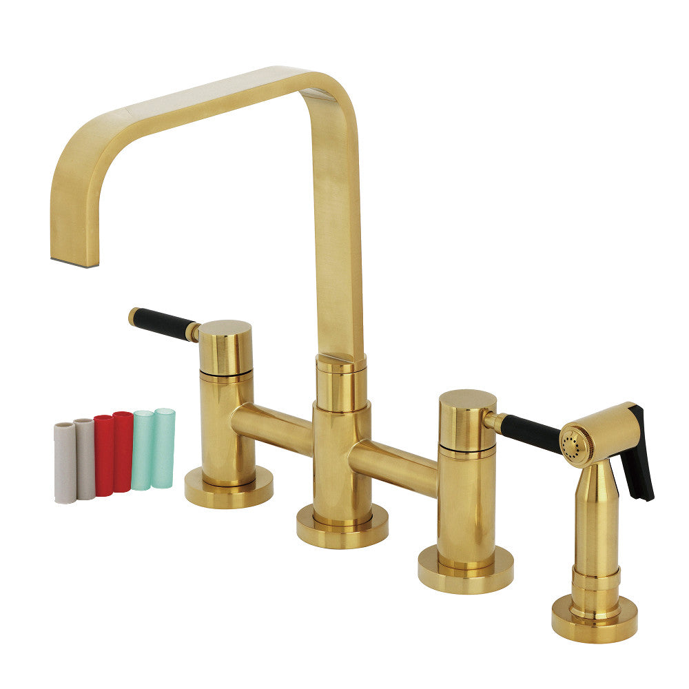 Kingston KS8257DKLBS Kaiser Bridge Kitchen Faucet with Brass Sprayer, Brushed Brass design featuring Neoprene handles.