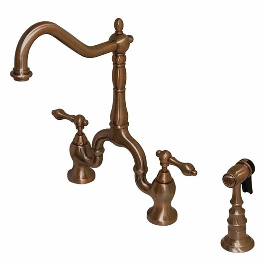 KINGSTON Brass English Country Kitchen Bridge Faucet with Brass Sprayer - Antique Copper in elegant design.