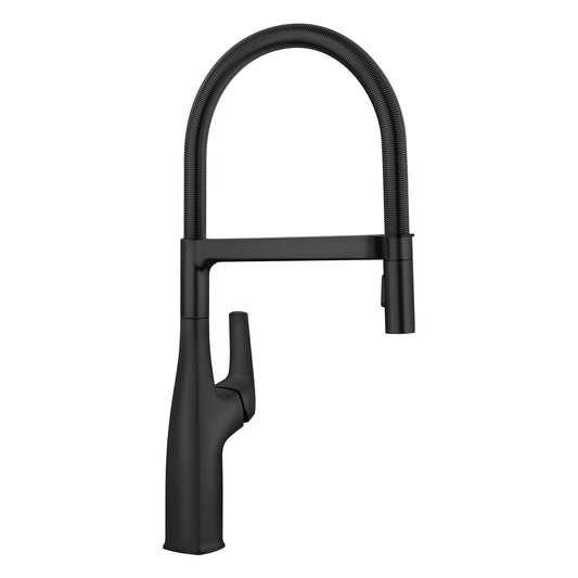 BLANCO Rivana Semi-Pro Pull-Down Dual-Spray Kitchen Faucet in sleek black finish with closed coil design.