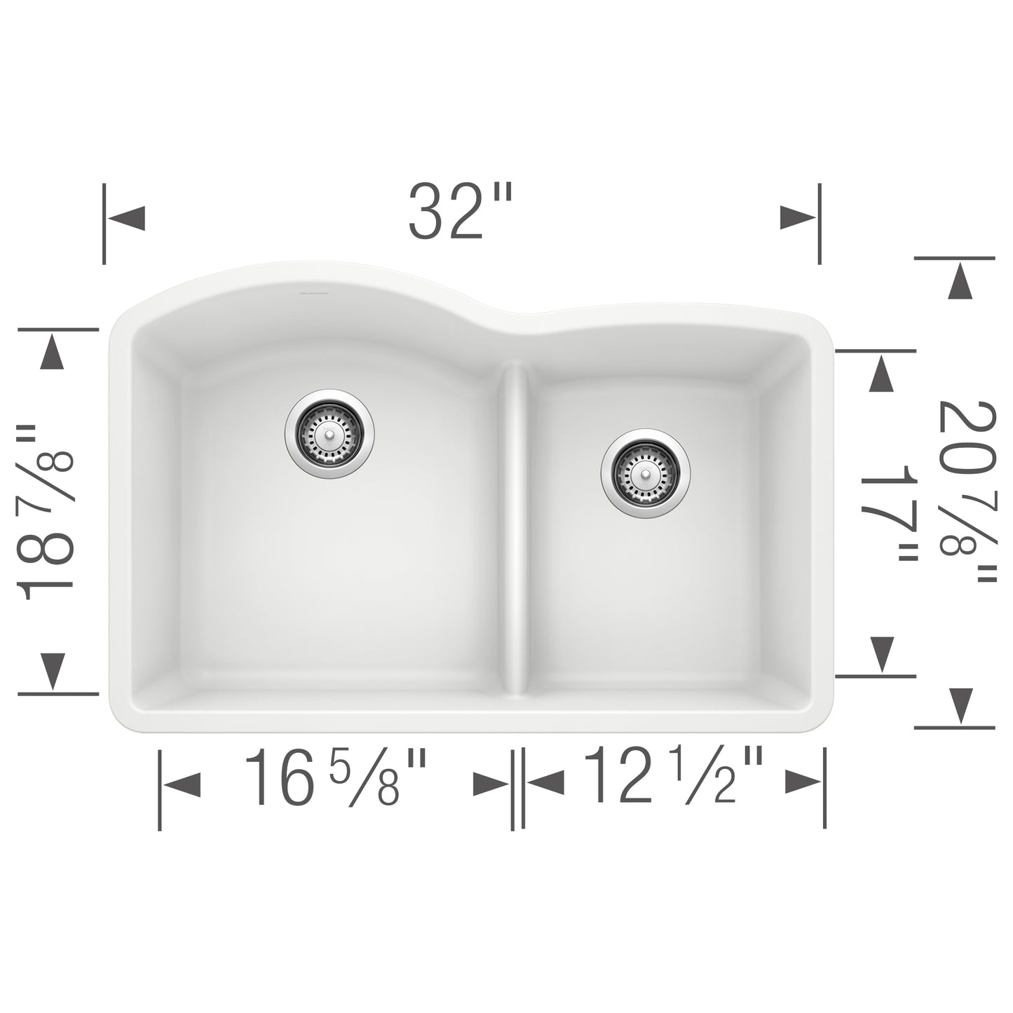 BLANCO Diamond SILGRANIT 32" 60/40 Double Bowl Undermount Kitchen Sink with Low Divide dimensions and layout.