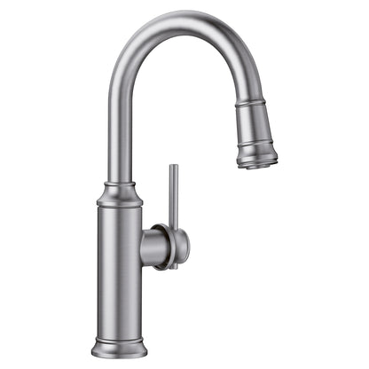 BLANCO Empressa Pull-Down Bar Faucet in brushed nickel with ergonomic handle for easy use.