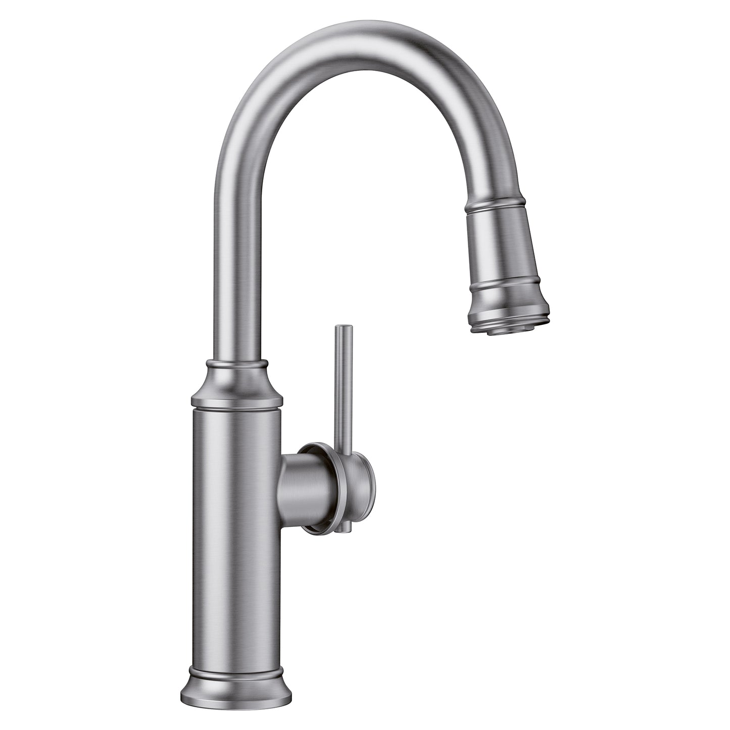 BLANCO Empressa Pull-Down Bar Faucet in brushed nickel with ergonomic handle for easy use.
