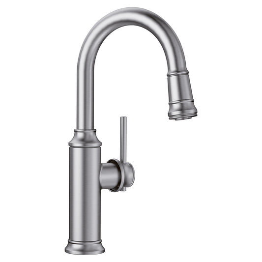 BLANCO Empressa Pull-Down Bar Faucet in brushed nickel with ergonomic handle for easy use.