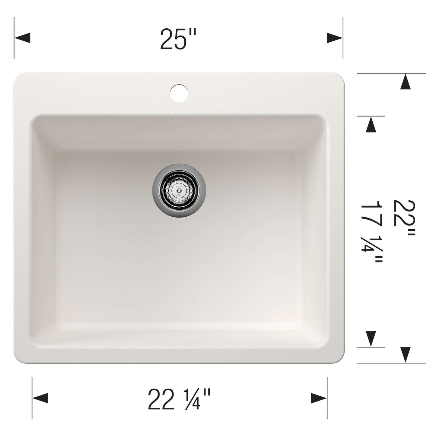 BLANCO Liven SILGRANIT 25" Single Bowl Dual Mount Kitchen Sink with dimensions 25" x 22 1/4" x 22" for versatile applications.