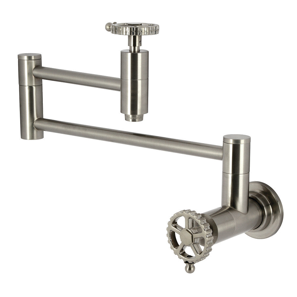 Kingston Brass KS8103CG Fuller Wall Mount Pot Filler Faucet, Antique Brass design with elegant detailing in brushed nickel finish.