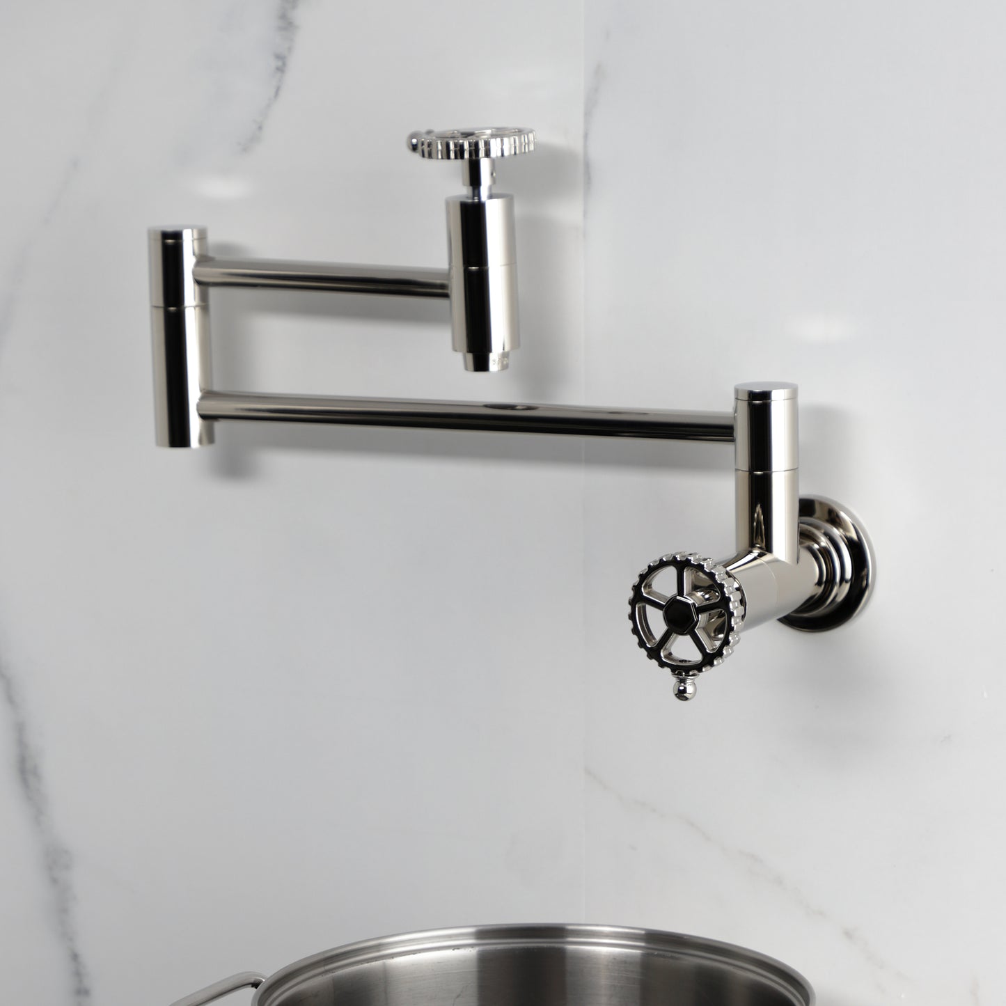 Kingston Brass KS8103CG Fuller Wall Mount Pot Filler Faucet, Antique Brass with foldable swing arms and vintage design.
